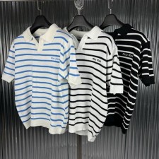 미*** 스트라이프 오픈 카라 니트 반팔