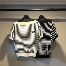 프** 스트라이프 보트넥 니트 반팔