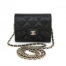 샤* 클래식 카드 홀더 체인 그레인드 캐비어  골드 메탈 블랙