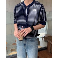 미*** 멘션 스트라이프 라운드 반팔 가디건