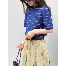 미*** 로고 패치 스트라이프 반팔티셔츠  수입