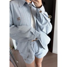 미*** 25 자수로고 블루 스트라이프 데님 자켓 반바지 세트  수입