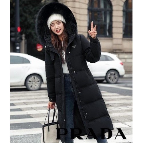 프** 삼각로고 퍼 트렌치 롱 패딩